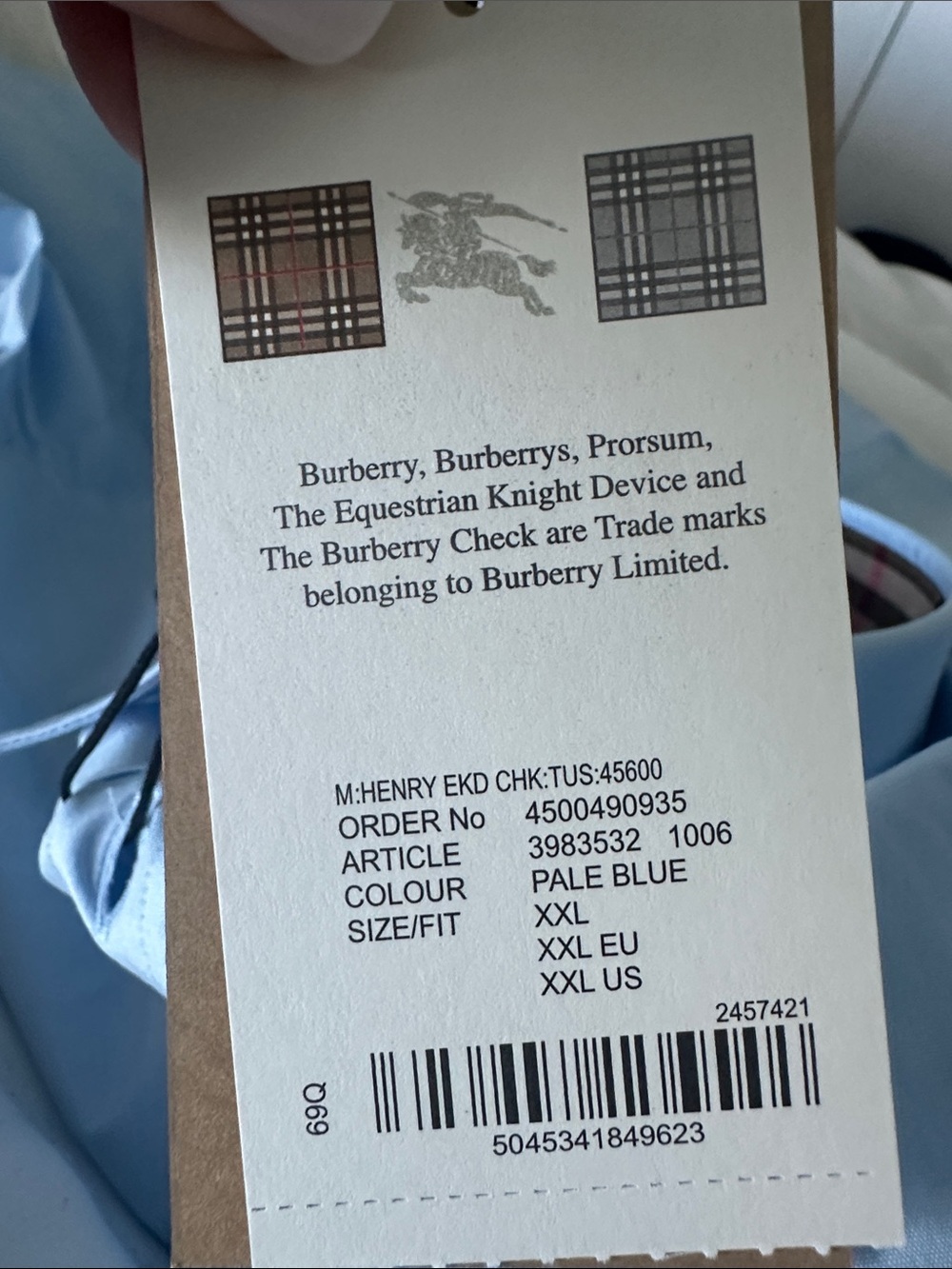 NWT Burberry Light Blue Button-Down Shirt with Check Cuff Detail - Picture 5 of 7